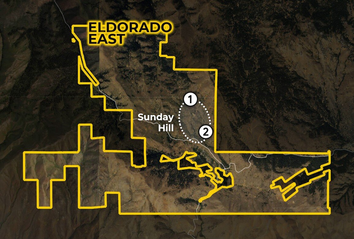 Eldorado East Project Map highlighting Sunday Hill and exploration areas