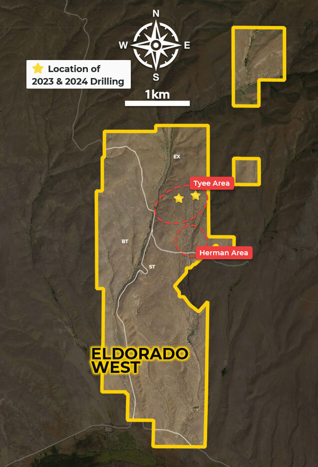 Eldorado West Project Map showing mineral zones and drilling locations
