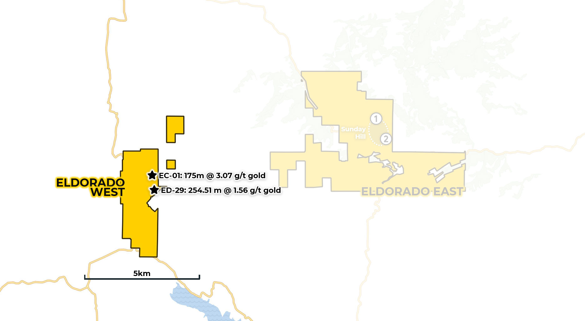 Eldorado West Project Map showing mineral zones and drilling locations